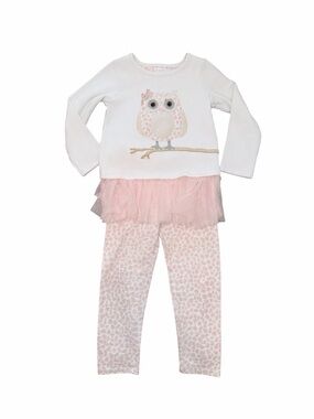 Mud Pie Girls Owl Tulle Peplum Top Leopard Leggings Set Toddler Size 5T